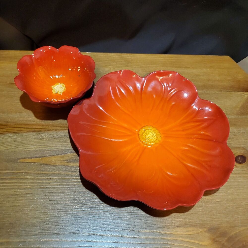 2 Grasslands Road Ceramic Red Orange Poppy Flower Shaped Bowls Plate Charc